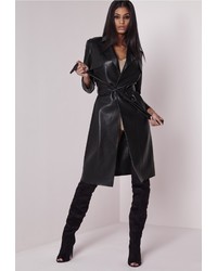 Missguided Peace Love Faux Leather Trench Coat Black