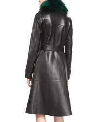 Diane von Furstenberg Valinda Leather Trench Coat Wfur Collar Black