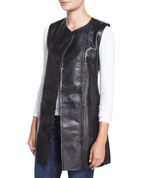 Neiman Marcus Long Asymmetric Zip Front Leather Vest Black