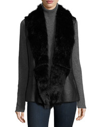Neiman Marcus Vegan Leather Faux Fur Trim Vest Beige