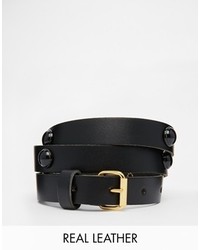 Black And Brown Black Brown Slim Leather Waist Belt With Tonal Stone Ornats