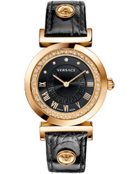 Versace 35mm Vanity Round Watch W Diamond Bezel Leather Strap Rose Goldenblack