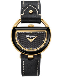 Salvatore Ferragamo 37mm Buckle Watch W Diamonds Leather Strap Black