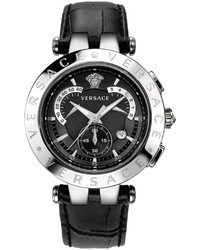 Versace 42mm V Race Chronograph Watch W Leather Strap Black