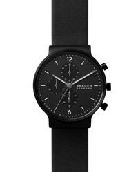 Skagen Ancher Chronograph Black Leather Watch