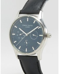 Simon Carter Black Leather Chronograph Watch With Blue Dial