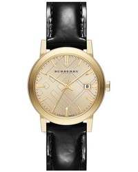 Burberry Check Stamped Round Leather Strap Watch 34mm