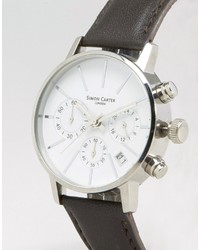 Simon Carter Chronograph Leather Watch With White Dial In Brown