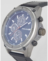 Police Contact Watch Black Leather Strap With Blue Multi Functional Dial