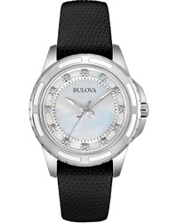 Bulova Diamond Accent Black Leather Strap Watch 32mm 98p139