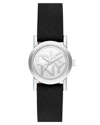 DKNY Soho Small Round Leather Strap Watch 20mm Black Silver