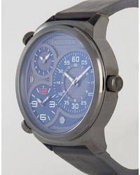Police Elapid Black Leather Strap Watch With Gray And Blue Mutli Functional Dial