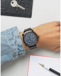 Police Elapid Black Leather Strap Watch With Gray And Blue Mutli Functional Dial