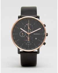 Skagen Hagen Chronograph Leather Watch In Black Skw6300