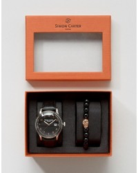 Simon Carter Leather Watch Skull Beaded Bracelet Gift Set