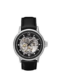 RELIC Black Leather Skeleton Dial Watch