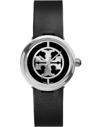Tory Burch Reva Leather Strap Stainless Watch Black