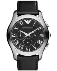 Emporio Armani Round Chronograph Leather Strap Watch 45mm Black