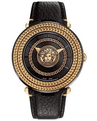 Versace V Metal Icon Round Leather Strap Watch 46mm
