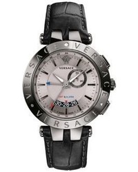Versace V Race Gmt Alarm Stainless Steel Leather Strap Watch