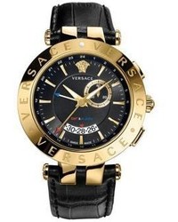 Versace V Race Goldtone Stainless Steel Leather Strap Gmt Alarm Watch