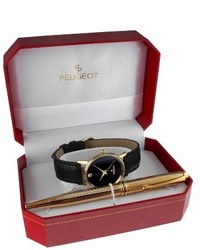 Peugeot Watches Black Leather Watch And Pen Gift Set Blackgold