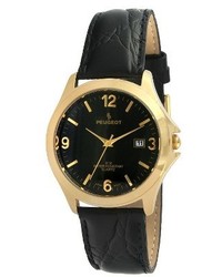 Peugeot Watches Round Leather Strap Watch Black