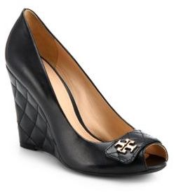 Tory Burch Leila Leather Peep Toe Wedge Pumps, $295 | Saks Fifth Avenue |  Lookastic