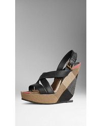 Burberry Canvas Check Leather Platform Wedges