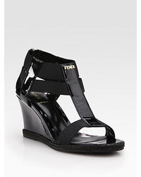 Fendi Carioca Patent Leather T Strap Wedge Sandals