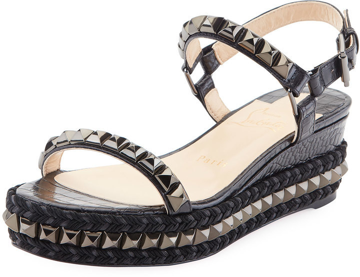 Christian Louboutin Cataclou Crocodile Embossed 60mm Wedge Red Sole Sandal  Black, $795 | Neiman Marcus | Lookastic