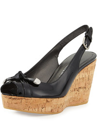 Stuart Weitzman Chatter Knotted Patent Wedge Sandal Black