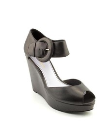 Delman Gia Black Peep Toe Leather Wedge Sandals Shoes