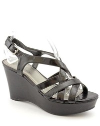 Marc Fisher Gleena Black Faux Leather Wedge Sandals Shoes