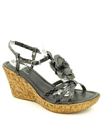 White Mountain Festive Black Faux Leather Wedge Sandals Shoes