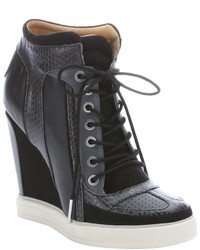 L.A.M.B. Black Leather And Suede Summer Lace Up Wedge Sneakers