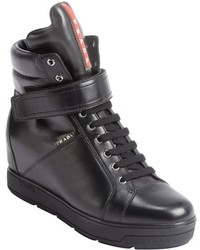 Prada Sport Black Leather Oversized Tongue High Top Wedge Sneakers