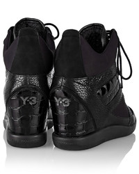Y-3 Sukita Croc Effect Leather And Satin Wedge Sneakers