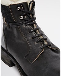 Asos Brand Work Boots In Black Leather With Fleece Lining