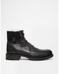 Asos Brand Work Boots In Black Leather With Fleece Lining