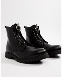 ASOS DESIGN Lace Up Boots In Black Leather With Metal Detail