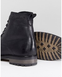 Asos Lace Up Work Boots In Black Leather With Faux Shearling Lining
