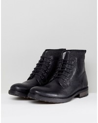 Asos Lace Up Work Boots In Black Leather With Faux Shearling Lining