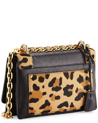 Prada Leopard Print Calfskin Flap Shoulder Bag Blackhoney