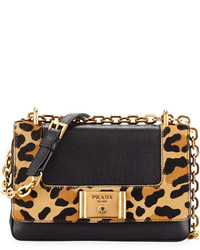 Prada Leopard Print Calfskin Flap Shoulder Bag Blackhoney