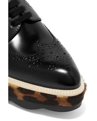 Prada Glossed Leather And Leopard Print Calf Hair Platform Brogues Black