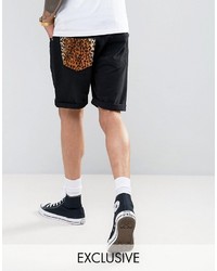 Black Leopard Denim Shorts
