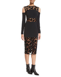 Thierry Mugler Leopard Burnout Cold Shoulder Dress Black