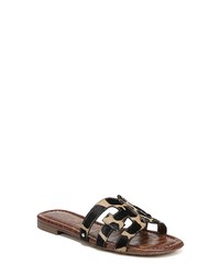 Black Leopard Leather Flat Sandals