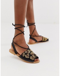 ASOS DESIGN Fondi Beaded Leather Leopard Flat Sandals